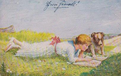 Hund liest mit Kind