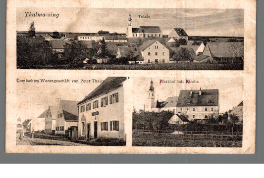 Mehrbildkarte Thalmassing, Pfarrhof mit Kirche, Gemischtes Warengeschäft Peter Thaler, Totale | ca. 1912 | PLZ 8401