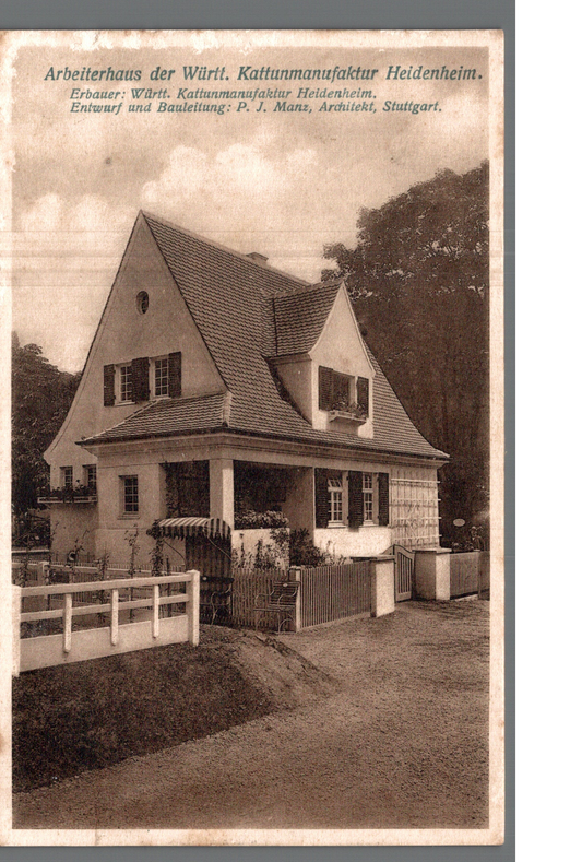 Lichtdruck-AK Stuttgart, Bauausstellung 1908, Arbeiterhaus der Kattunmanufaktur Heidenheim, Architekt P.J. Manz | 1908 | PLZ 7000