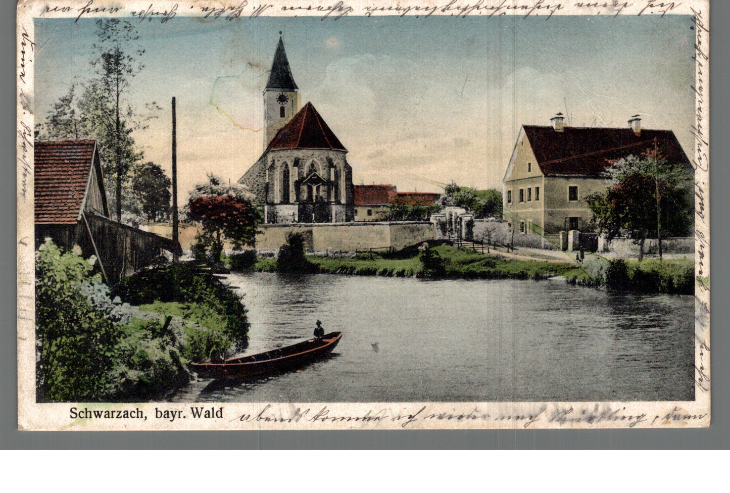 Farb-AK Schwarzach (bayr. Wald), Kirche mit Flusspartie, Kahn auf dem Wasser | 1927 | PLZ 8445