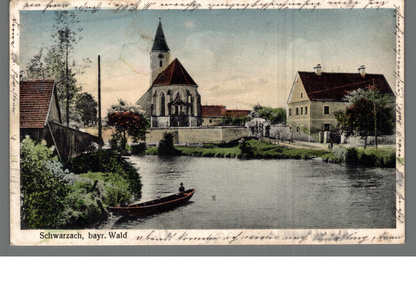 Farb-AK Schwarzach (bayr. Wald), Kirche mit Flusspartie, Kahn auf dem Wasser | 1927 | PLZ 8445
