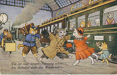 Katzen, Bahnhof, vermenschlichte Katzen