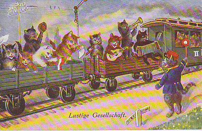 Katzen, Zugfahrt, vermenschlichte Katzen