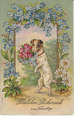 Hund mit Blumenstrauß, vermenschlichte Darstellung, Namenstag