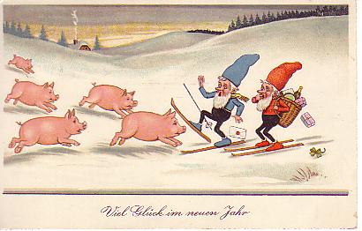 Zwei Zwerge beim Skifahren werden von Schweinchen überrascht