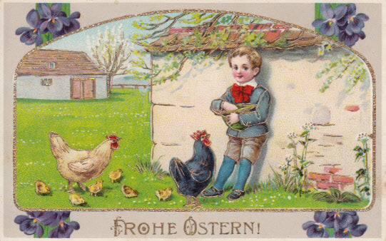 Fröhliche Ostern Junge füttert die Hüner Prägedruck Karte