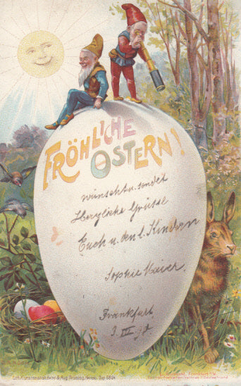 Fröhliche Ostern mit Riesenosterei Zwerge und Hase