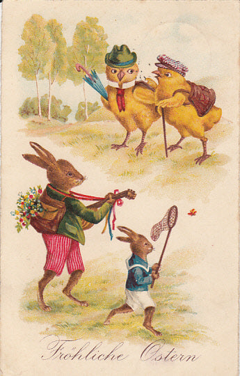 Vermenschlichte Osterhasen und Küken