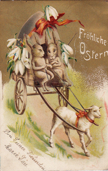 Vermenschlichte Osterhasen Familie bei einer Ausfahrt