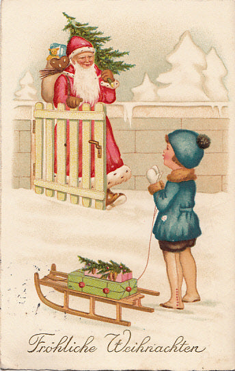 Fröhliche Weihnachten Weihnachtsmann bringt Geschenke