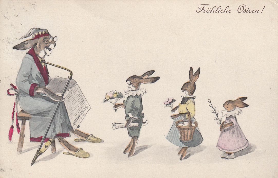 Vermenschlichte Osterhasen bringen Geschenke