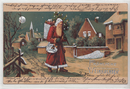 Fröhliche Weihnachten Weihnachtsmann bringt Geschenke