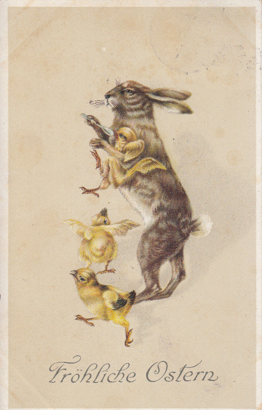 Fröhliche Ostern Hase füttert Küken