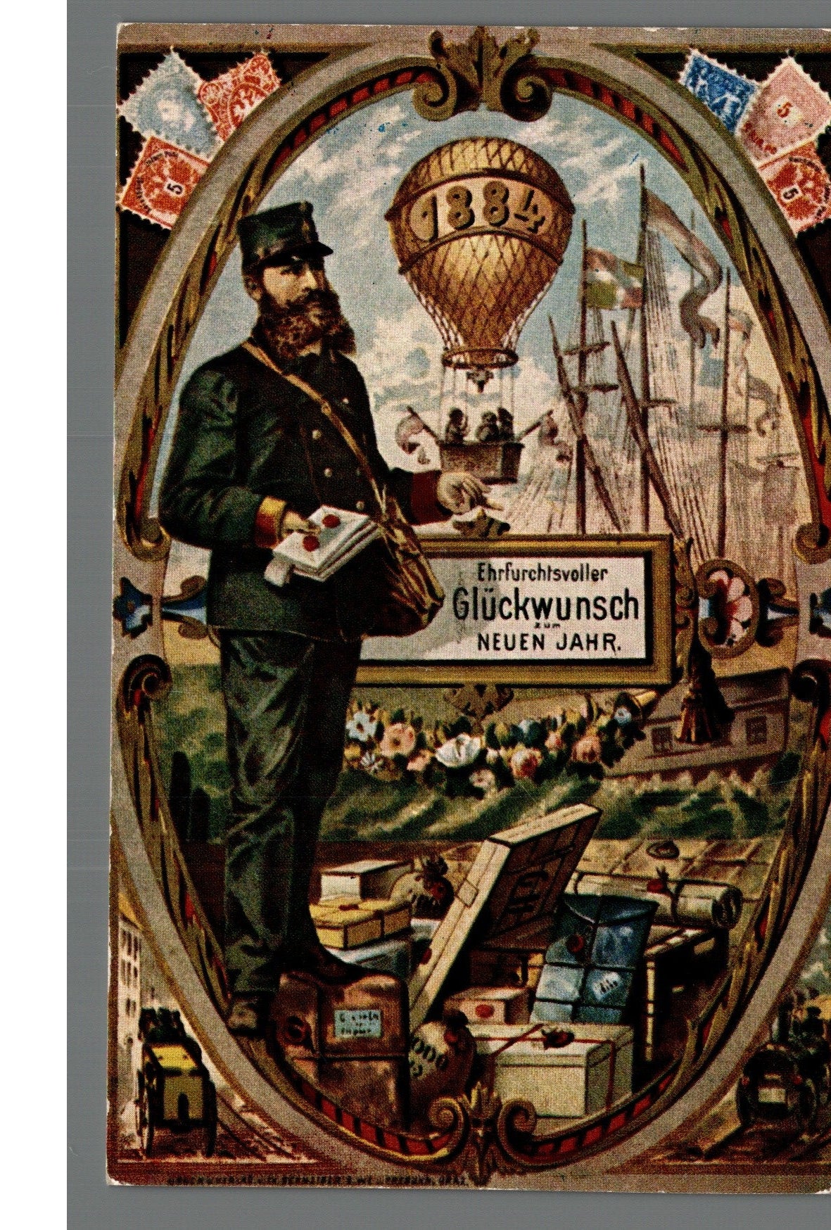 Ballonfahrt / Postbote Neujahrskarte 1884 – Lithographie