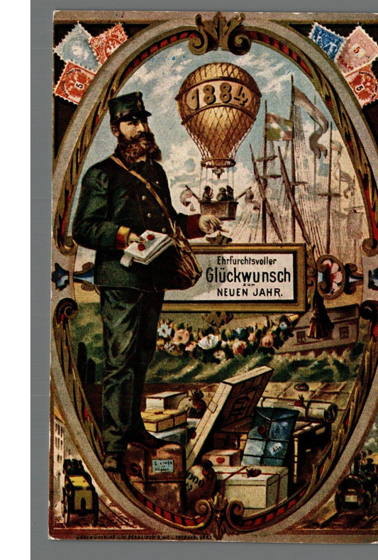 Ballonfahrt / Postbote Neujahrskarte 1884 – Lithographie